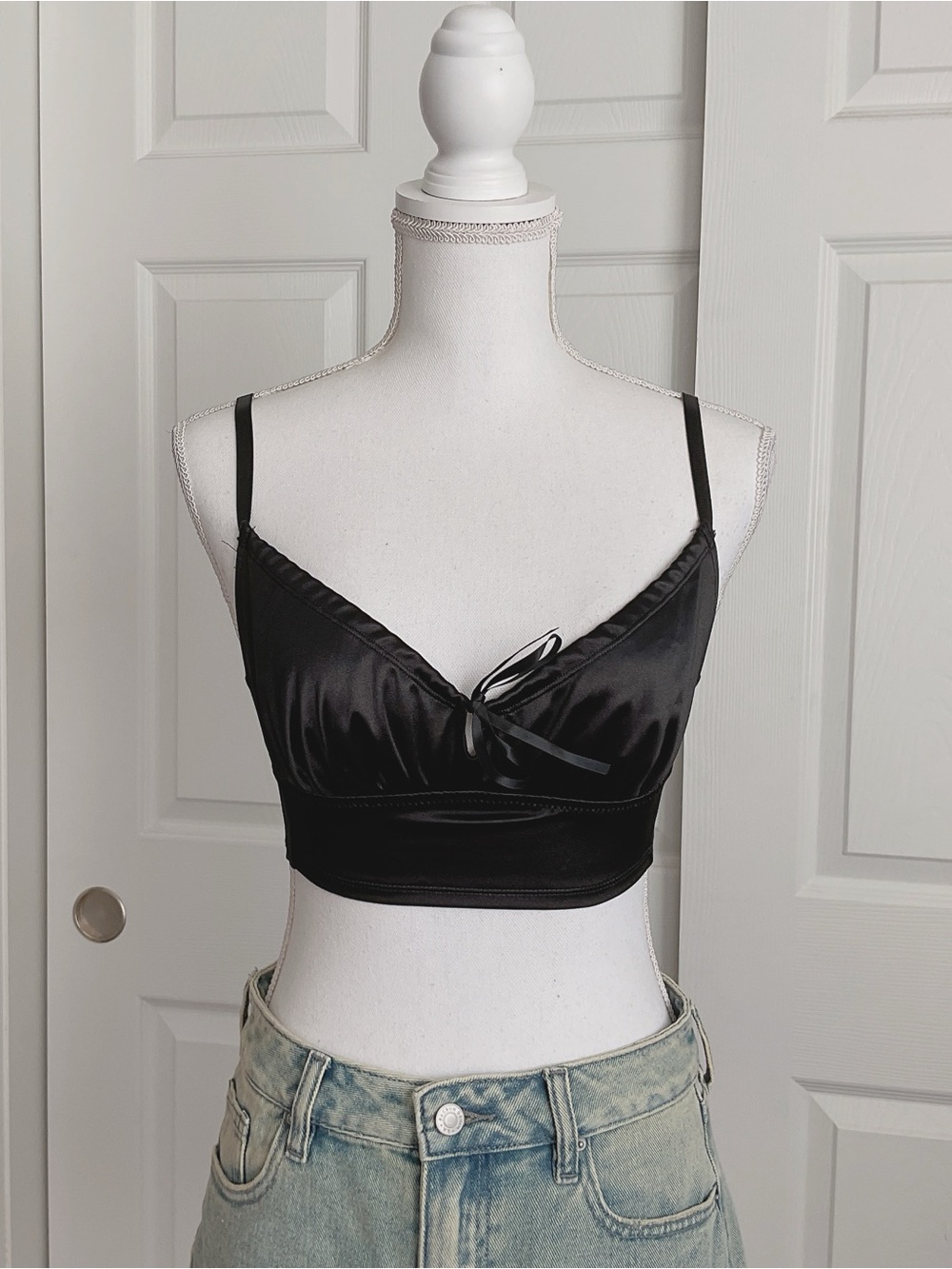 Satin Longline Bralette Top in Black